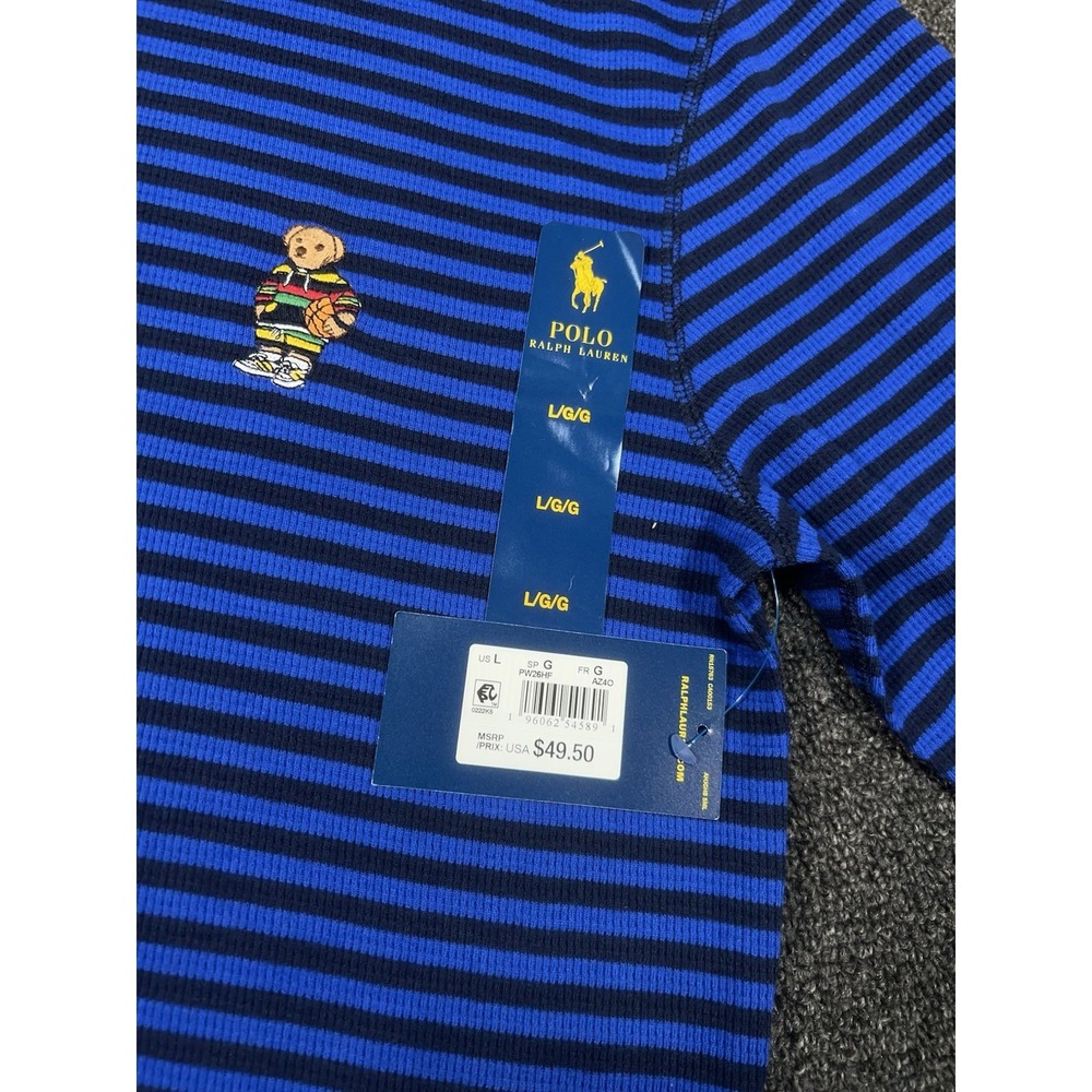 New Polo Ralph Lauren Shirt Men Large Blue Striped Thermal Long Sleeve Polo Bear - Picture 6 of 9